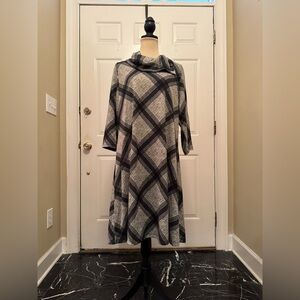 52seven Cowl Neck Dress, 3/4 Sleeve, Plaid, Gray & Black, XL